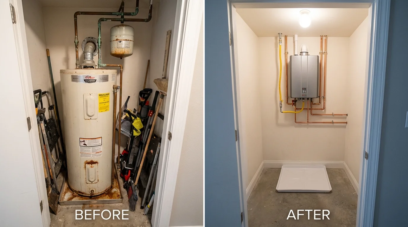 Tank water heater versus wall-mounted tankless unit comparison for Marion, NY homeowners