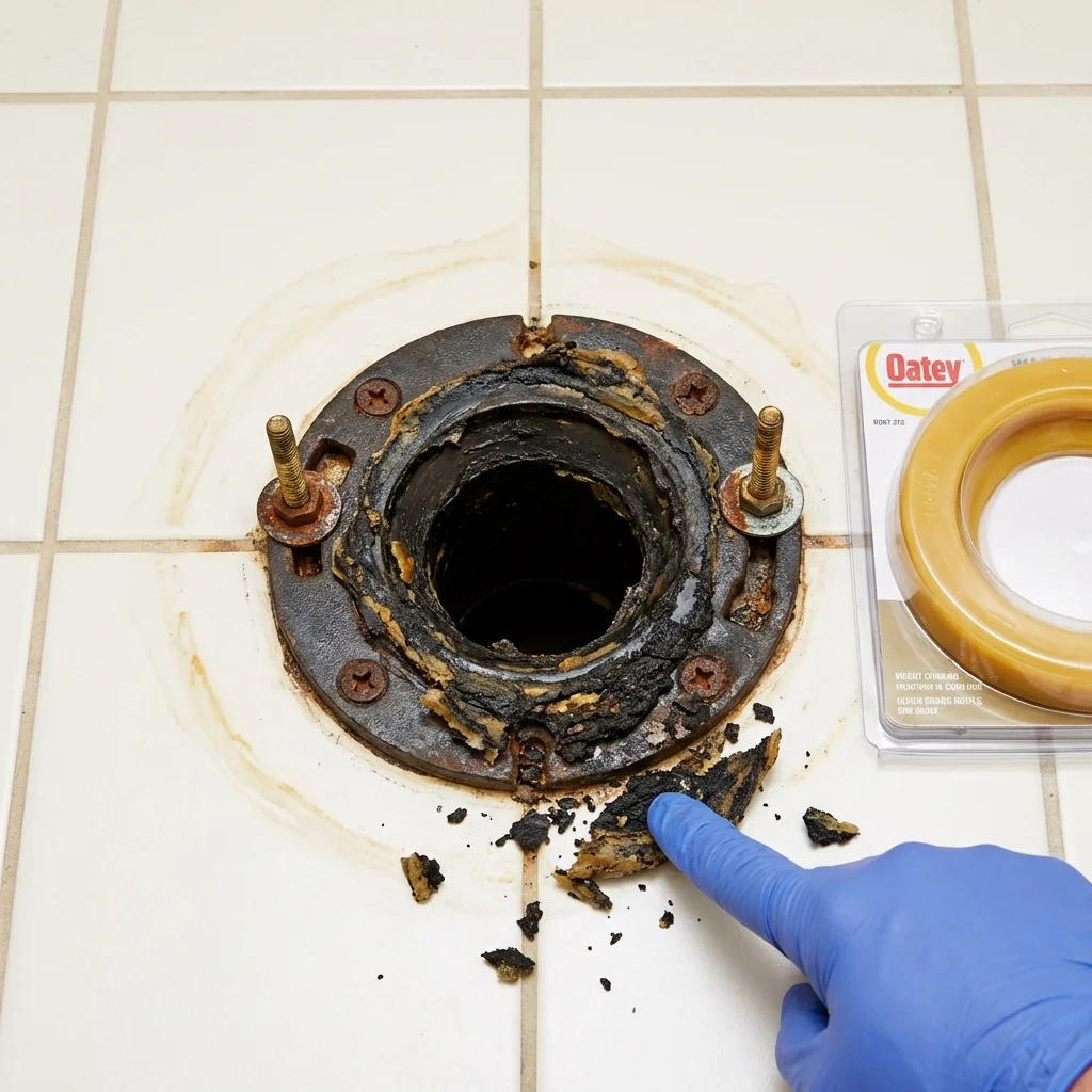 Failed wax ring showing water seepage at the base of a toilet in a Marion, NY home