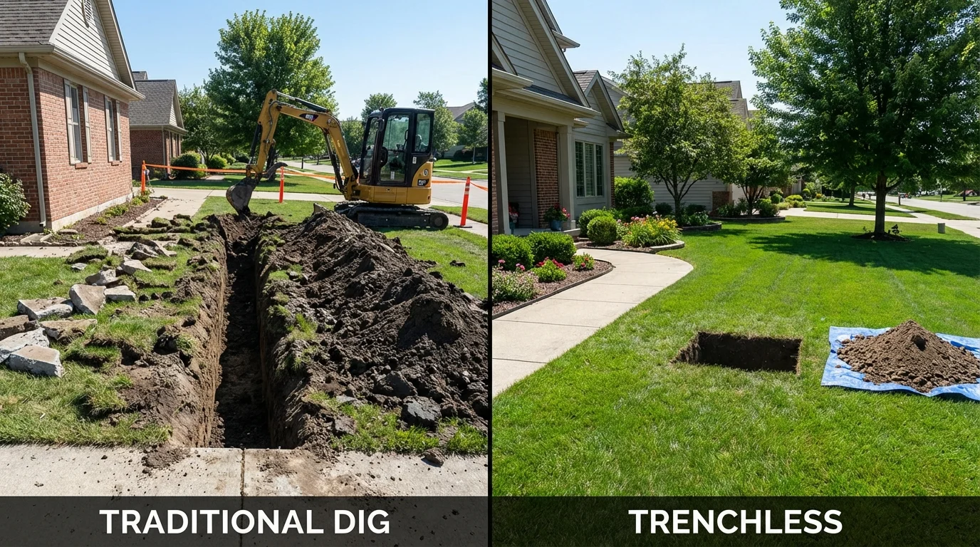 Trenchless sewer repair with minimal yard damage versus traditional excavation in Marion, NY