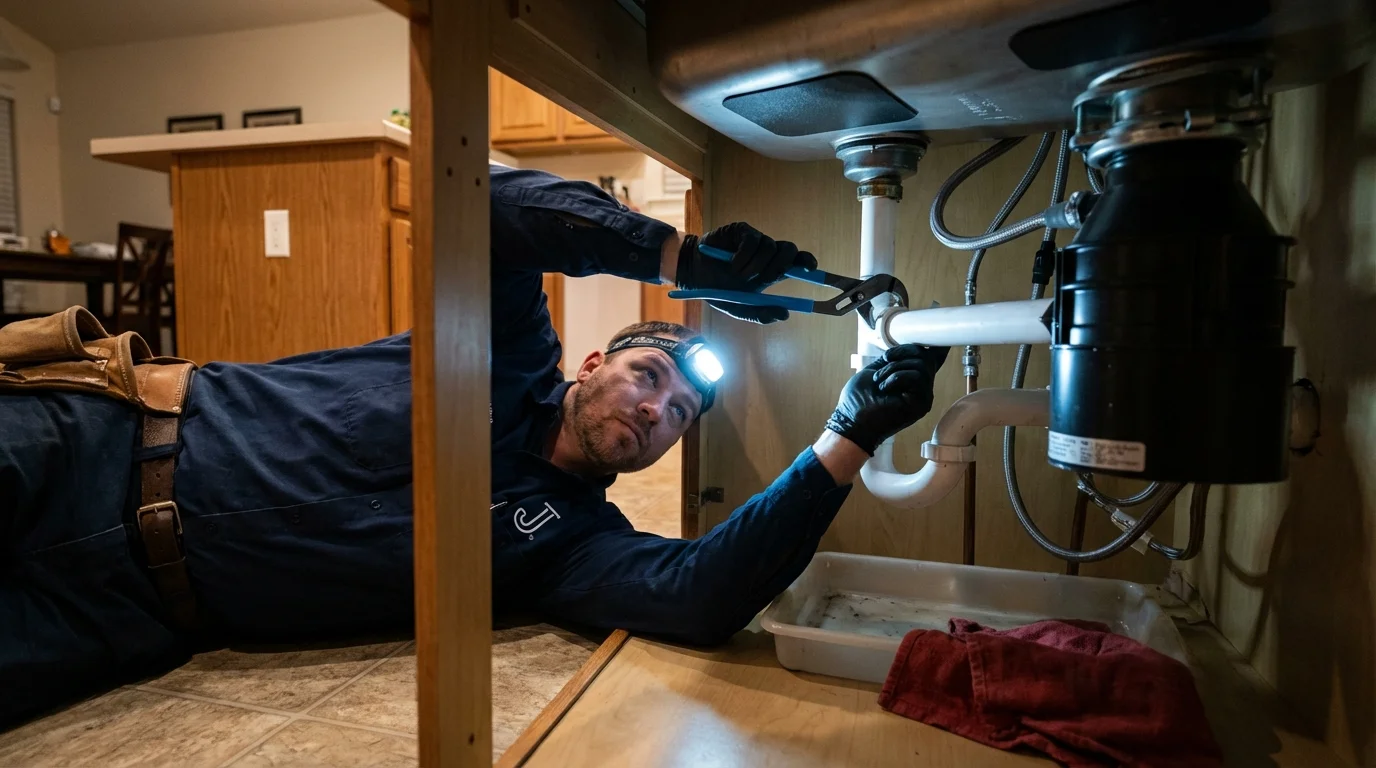 P-trap and supply line connections under a kitchen sink showing a common leak point in Marion, NY